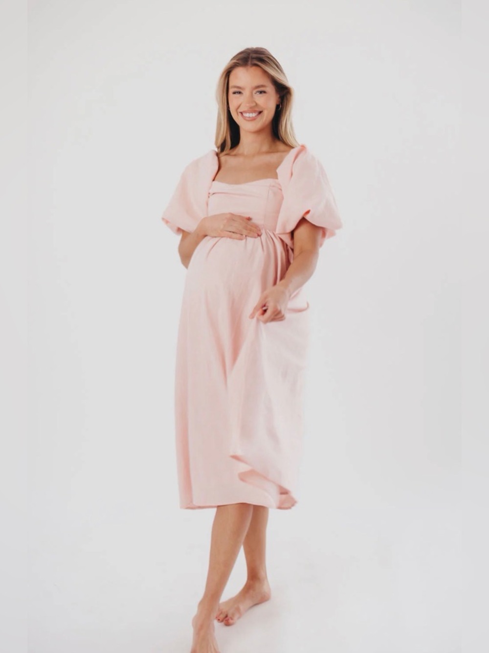 Worth Collective Hamilton Midi Dress. Blush pink. Bump Friendly (S-XL). Medium.